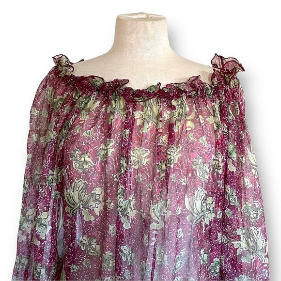 Peruvian Connection Womens Blouse Sz M Sheer Floral 100% Silk Chiffon Boho Top - Picture 3 of 8